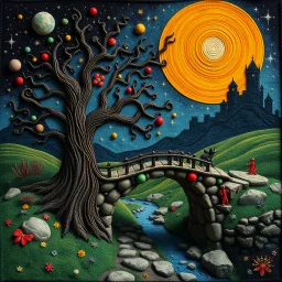 Photograph hasselblad h6d400c --ar 85:128 --v 6.0 of a fairy old bewitched bridge, tree, made of felt, art, 3d deep field, Joan Miró, wide angle landscape scene, galaxies and planets, creepy, Max Ernst, needlepoint, abstract silhoutte, expressionist style, colorful holiday