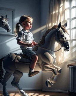 My Gemini prompt/Pixverse animation. Prompt: A square digital painting of a young boy sitting on a rocking horse in his bedroom, his translucent light grey shadow which is on the wall beside him depicting an outline of a boy galloping a real horse, the image depicts the dreams child have. Hyper-realistic hyper-vibrant hyper detailed