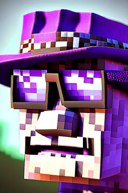 a close-up portrait of a purple Minecraft face, farmer hat, sunglasses,3d, large pixel style