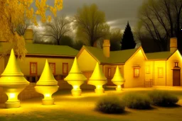 A small yellow village with lightbulbs painted by Frank Lloyd Wright