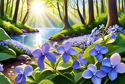 Beautiful forest with parma periwinkle flowers, parma or blue light effects colors, sun, realistic, high contrast, river with vinca flowers along, 8k, high definition, concept art, sharp focus