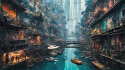 Water-level view of buildings on a canal, made of metal, cyberpunk, many painted colours, floating and flying boats, balconies, bridges, people, shopping, eating, walking, fifth element, ghost in the shell, altered carbon