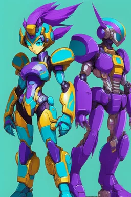 One Genderless Cyborg made of metal, has a human like face with a really long violet ponytail, the cybord is wearing armor similar to Megaman. The color palatte of the armour is deep purple and yellow. The Cyborg is not wearing a Helmet, and has Turquoise colured eyes.