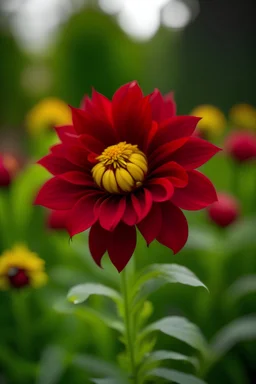 A short flower that grows up to 5 inches (13 cm) tall, with brilliant red petals and a subtle yellow central disk. 6 to 9 large flowers grow on alternate sides up the length of the stem. It has giant, wispy leaves with wavy edges.