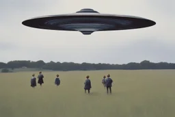bumper sticker design, westall in bold heading text, ufo 1966, lots of school children looking up in a field, mysterious cool, bold