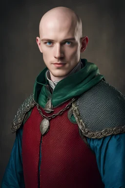 Portrait of young adult nobleman, bald, blue eyes, medieval green clothes, red vest, chain mail armor, blue cape