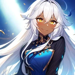 girl, masterpiece, best quality, volumetric lighting, dynamic pose, detailed outfit, perfect eyes, white hair, golden eyes, messy hair, long hair, dark elf, nervous smile,