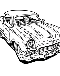 1955 Chevy Bel Air Coloring Book, white background, kawaii style cartoon coloring page for kids, cartoon style, clean line art high detailed, no background, white, black, coloring book, sketchbook, realistic sketch, free lines, on paper, character sheet, 8k