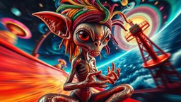 master oil painting by Dali and Escher, roller coaster close up portrait of hypno psycho shiny slimy dented alien yoga gremlin with rasta wig breast feeding with some bad ass power off shore oil platform cyber punk people experiencing gravity at its worst, pin hole cam, twisted perspective, goa trance music poster, awake within a psychedelic mushroom dream, with some motion blur background, and hyper depth perception layout