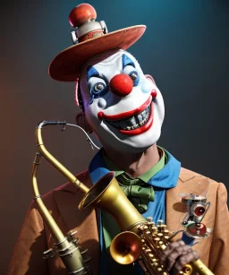 mechanoid smiling friendly clown playing jazz with a steampunk theme, trumpet, realistic