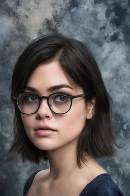 cross-eyed Lucy Hale planet of the apes hybrid, , 4k UHD, photorealistic, ((big, full, plump, pouty lips:1.5)) black hair, big cat-eye eyeglasses, dark blue foggy gradated marble wall background