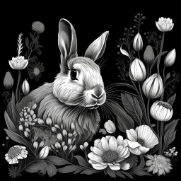 colorless rabbit between seeds and big flowers black background .black and white colors. for a coloring. with grayscale