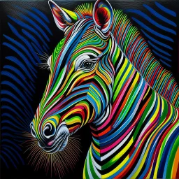 striking conceptual Op Art masterpiece by Heimo Zobernig, featuring intricate manipulation of vivid colorful stroke width and spacing to create a mesmerizing optical illusion of distorted vertical stripes. These stripes evoke a sense of depth and volume, serving as a captivating backdrop for the enigmatic, dark-fantasy inspired colorful zebra's head. The zebra head is rendered with a compelling blend of 3D rendering, photorealism, and painterly technique, exuding an air of