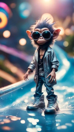 magazine cover, twisted rock star alien gremlin crow monkey rapper crew with silver boots as a pimp in heavens water slide,bokeh like f/0.8, tilt-shift lens 8k, high detail, smooth render, down-light, unreal engine, prize winning