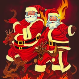 Santa Claus and fire demon, The Devil, christmas card art