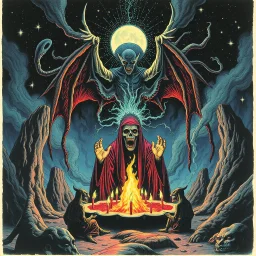 cosmic horror, less than zero, seance conjuring Pazuzu, by Ray Johnson and Michael Whelan, acid wash mind-bending illustration; asymmetric, deconstructed, dark shines surrealism, sinister