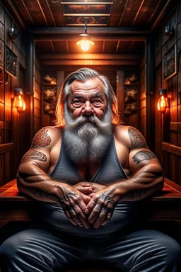 full figure shot photography, beefy burly man , long beard, masculine hairy 55 year old man, long hair, several tattoo, short beard , crossed arms, big shoulders, big arms, closed eyes, ambient occlusion ,sitting in a steamy Sauna, super high resolution, 8k, dim light, ultra hyper realistic, frontal view from the bottom,