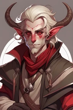 lowborn rogue male brown-red tiefling white hair white eyes dnd