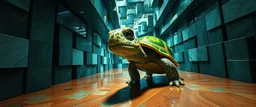 pin hole cam , master oil painting by Rembrandt, reflective marble madness turtle character portrait, a living bowling marble halls with slightly tilted floor in a twisted block maze, scenery from the game "marble madness", crystal birds, the floor betrays, the walls collide