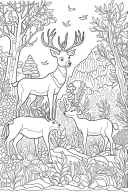 coloring page, woodland retreat, Enchanted Woodland Creatures, full view, realistic, coloring page, only draw lines, coloring book, clean line art, –no sketch, color, –ar 3:4, white background, minimalistic black lines, minimal black color, low level black colors, coloring page, avoid thick black colors, thin black line art, avoid colors, perfect shape, perfect clear lines,