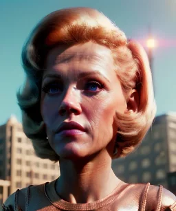 Ultra Realistic retro sci-fi movie San Francisco scene, 1960 year, waist up view portrait, a super giant blonde woman, sweet teenager Jane Fonda face, perfect iris, glow eyes, face makeup, tight latex coat, many people, Retro sci-fi style, soft color, highly detailed, unreal engine 5, ray tracing, RTX, lumen lighting, ultra detail, volumetric lighting, 3d, finely drawn, high definition, high resolution.