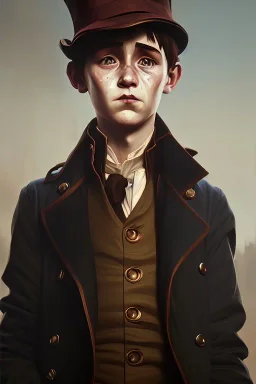 damaged realistic oil painting, portrait of oliver twist, boy crying, oil on face, 1800s clothes, wearing tophat, factory and oil in background, atmospheric lighting