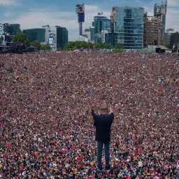 one man on stage in front of massive crowd