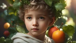 little boy, head and upper body, perfect eyes, leaves, fruit, garland, exquisite composition, beautiful detailed intricate insanely detailed octane render trending on artstation, 8k artistic photography, photorealistic concept art, soft natural volumetric cinematic perfect light, chiaroscuro, award-winning photograph, masterpiece, raphael, caravaggio, greg rutkowski, beeple, beksinsk