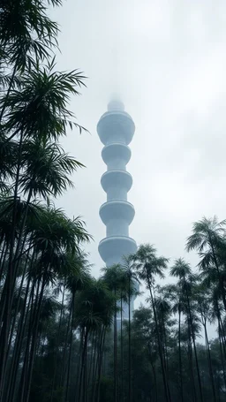 realistic photo of a tall bamboo trees in a landscape, a tower from the future with foggy clouds and gray sky