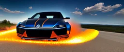 A national geographic award winning photograph of a military fighter jet station wagon wasp hybrid designed by volkswagen only one vehicle per image painted metallic orange traveling at a high rate of speed, jet intake off of front center of vehicle and jet exhaust out the rear with bright blue flame