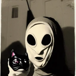 Creepy photo, balaclava, alien, lady, dancing cat