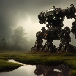 hyperrealistic shot, rusting and moss covered mecha robot, earth color palette, sharp focus, puddle reflection, tire water splash, refraction, rain and lightning on the horizon, shadowcast, detailed and intricate, cinematic composition, tilt shift photography