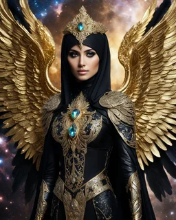 Photography A Length Super model Iranian Woman Hijab and using half mask as Beautiful Archangel with wings made from metal craft,dressing luxurious golden and black color armor filigree fcombination fully crystals diamonds stone crystals,Cosmic Nebula Background