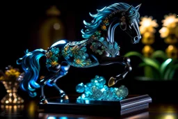 night, dark room, bioluminescent Coloured glass dynamically jumping horse set with gemstones, glittering metal stems and gemstone leaves on a room table sharp focus elegant extremely detailed intricate very attractive beautiful dynamic lighting fantastic view crisp quality exquisite detail gems and jewels S<AI Weight:1 Professional photography, bokeh, natural lighting, canon lens, shot on dslr 64 megapixels sharp focus Weight:0.9