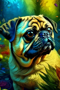 Generate a photorealistic 8K image blending the fantasy elements of a pug with the enchantment inspired by Van Gogh's distinctive art style.