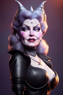 Mae West as evil queen in black leather, leather, busty, cleavage, angry, stern look. character design by cory loftis, fenghua zhong, ryohei hase, ismail inceoglu and ruan jia. unreal engine 5, artistic lighting, highly detailed, photorealistic, fantasy