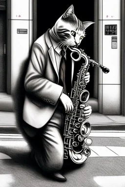 One single mature cat playing saxophone on the street, Osaka, thoughtful, mourning, model style, hyper realistic, extremely accurate, delicate, extremely detailed, Graphic novel style, wide-angle, open aperture, superfine pencil