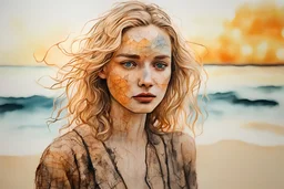 painted and burned burlap, beautiful blonde woman on the tropical beach, styles of Paul Klee Dee Nickerson and Tim Burton, melting watercolor and black ink outlines on wet paper, soft, shading strokes, in sunshine, ethereal, otherwordly, cinematic postprocessing, bokeh, dof