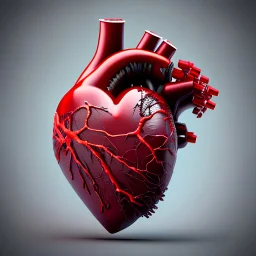 Corazón, humano, mecánico, gotea sangre por la arterias, super definido, super realista, 8K