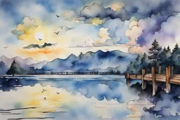 Urban sketch of a beautiful forest in ink and watercolor, storm clouds, full sunset, flowers, kurved path, old wood bridge, gull Modifiers: beautiful award winning