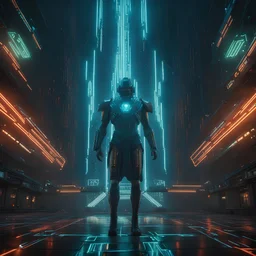 evil giant hologram that looks similar to the bladerunner hologram, regime controlled by the ai, superior perspective, surreal, camera looking up, 8k , masterpiece, dark, evil, hologramm, ai, cables, epic, Hologramm, cyber like, cyberpunk, futuristic, sauron