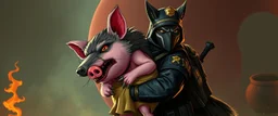 bad ninja police wolf carrying a lovely scared wtf are you up to, pig girl with dress under his arms, big cauldron in the background in the style of escher and fallout 4