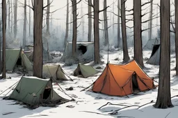 campsite, winter, tents, overgrown, post-apocalyptic, comic book, forest
