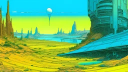 Futuristic serigraphy by Moebius of a person surround by a digital landscape.