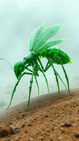 A dynamic curved side view showcasing the fusion of organic and neumorphism elements, depicting a fully green bones-ant. Its intricate mechanisms are driven by interlocking blade and complex mechanical blade embedded throughout its glass frame. mist-laden wasteland mars