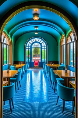 A restaurant whose outer walls are oval in shape, the color of the inside is blue, and its floor is light, with a bar table in the middle of the restaurant in the shape of an oval containing 30 chairs, and there is a door at the end of the restaurant