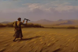 man with the gun walking among dry field by andrea del sarto