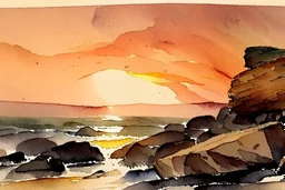 Sunset, rocks, mountains, rocky land, epic, winslow homer watercolor paintings