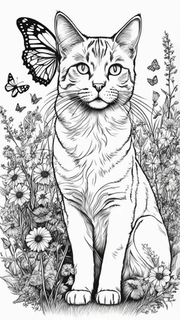 Love cat , love dog , add a butterfly on a wild flowers to this picture thin line draw
