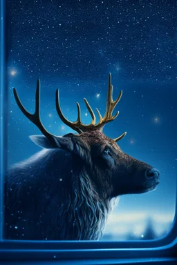 grandpa elk moose with background star field seen in the window of a boat, 4 k, trending art, depth of field, in the style of gorillaz